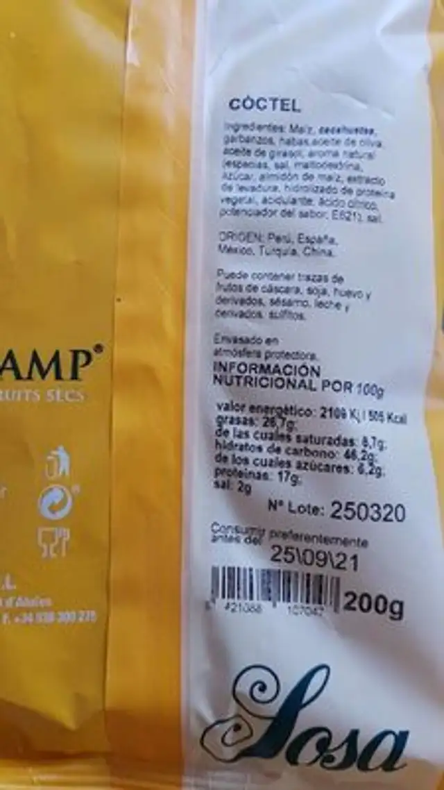 Cóctel nutrition facts table