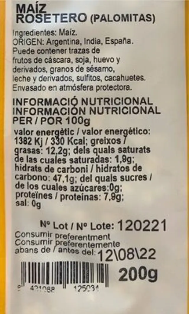 Palomitas nutrition facts table