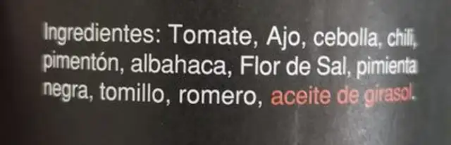 Salsa picante ingredients label