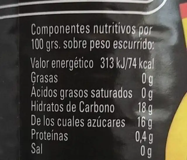Melocotón en almíbar nutrition facts table
