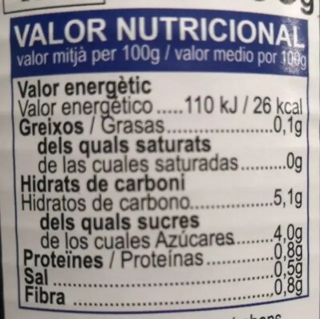 Tomate triturado nutrition facts table