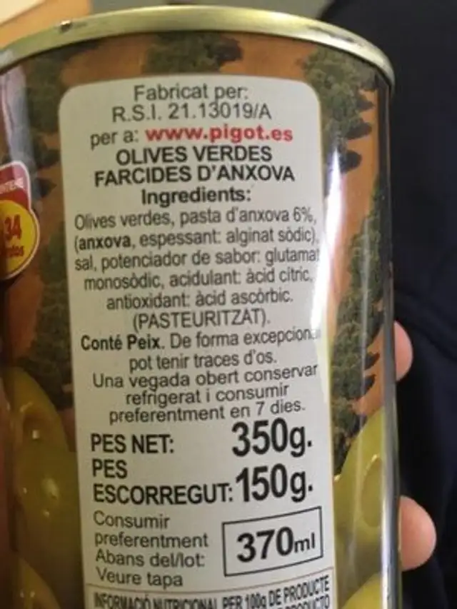 Aceitunas Pigot ingredients label
