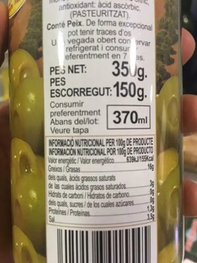 Aceitunas Pigot nutrition facts table