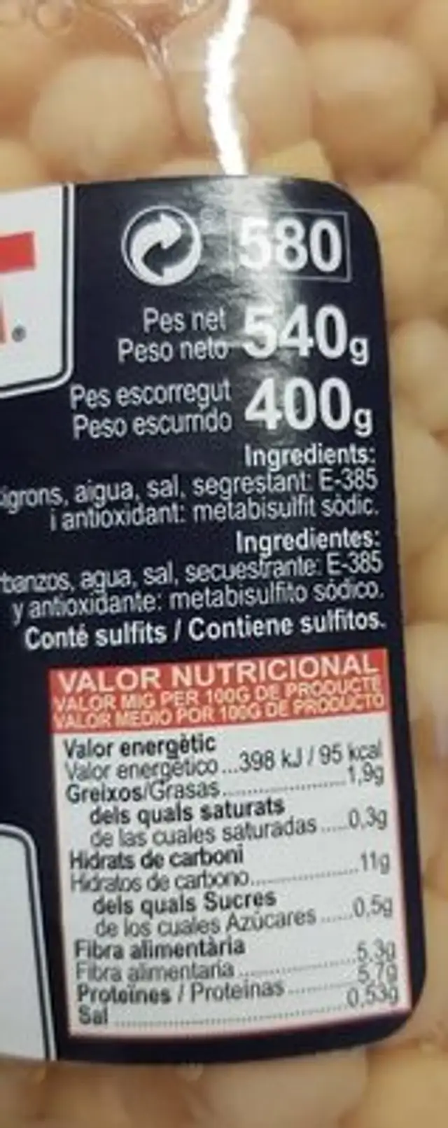 Garbanzos nutrition facts table