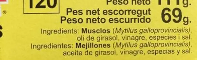 Mejillones en escabeche ingredients label