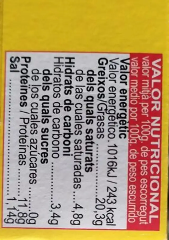Mejillones en escabeche nutrition facts table
