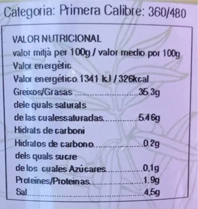 Oliva nutrition facts table