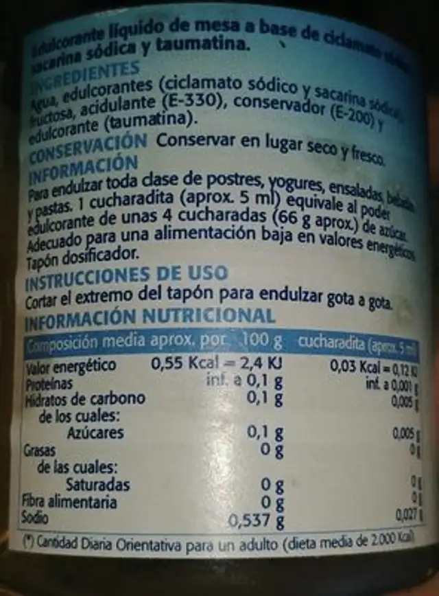 Edulcorante super nutrition facts table