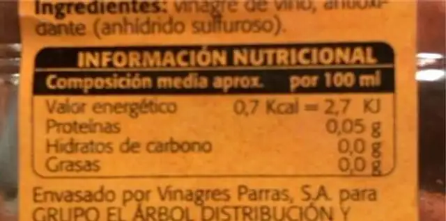 vinagre de vino nutrition facts table