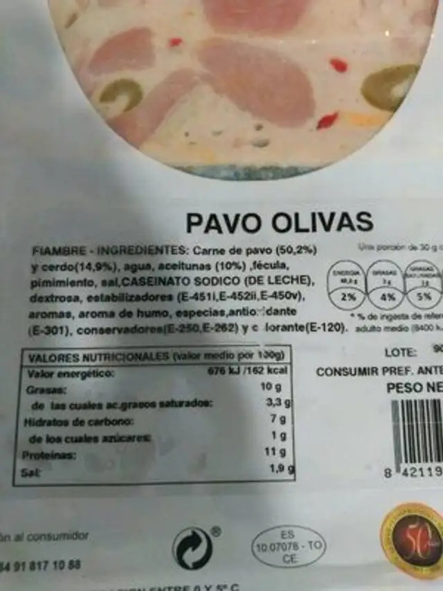 Pavo olivas ingredients label