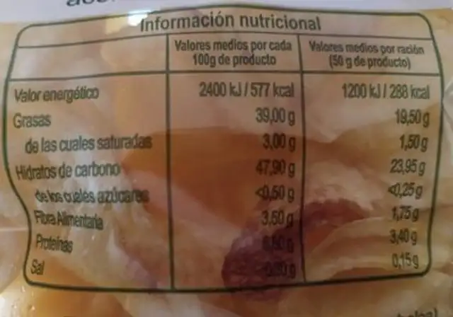Patatas Fritas Santa Marina nutrition facts table