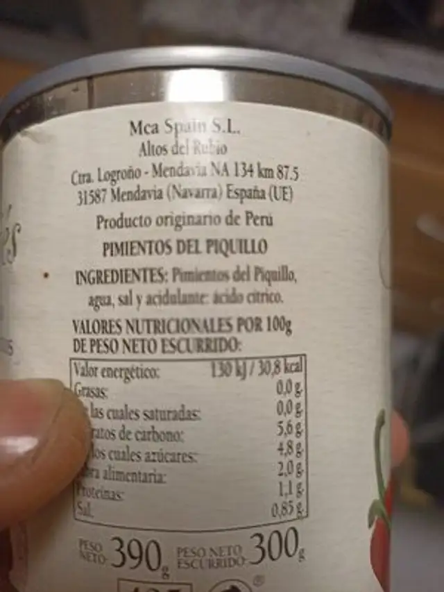 Pimiento del piquillo ingredients label