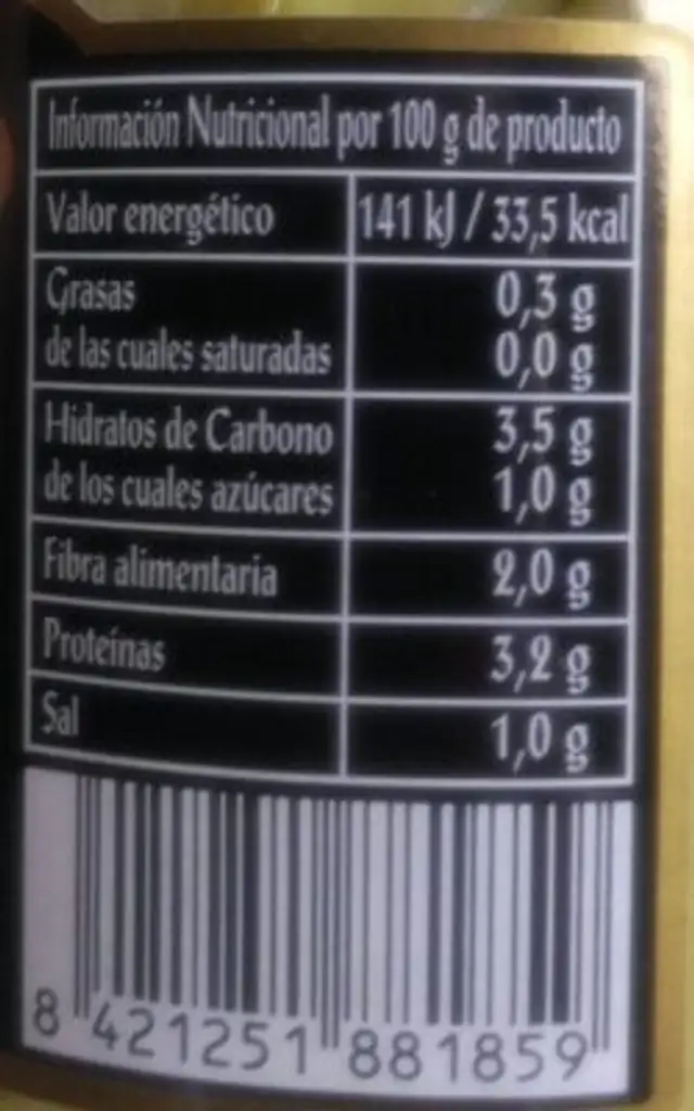 Alcachofas nutrition facts table