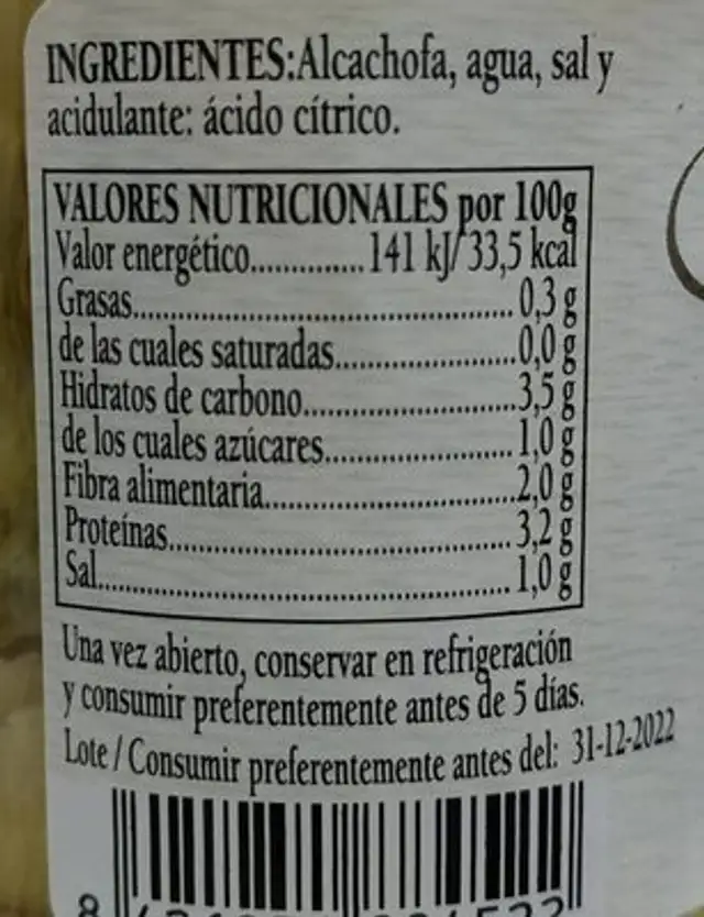 Alcachofas El Mendaviés nutrition facts table