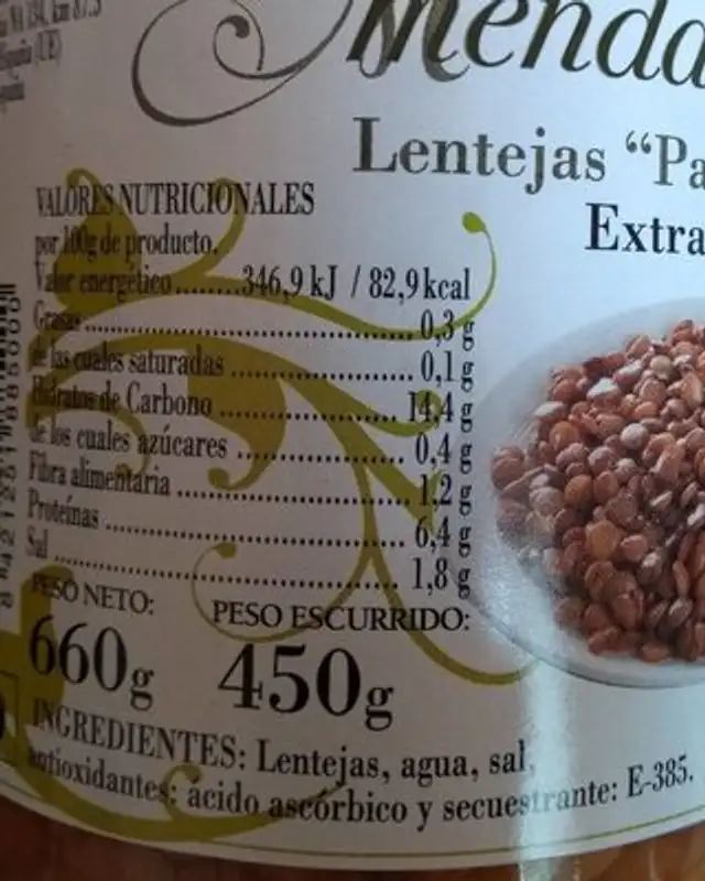 Lentejas Pardinas extra nutrition facts table