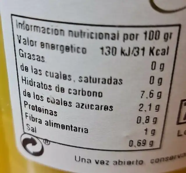 Puerros al natural nutrition facts table