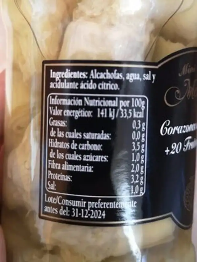 Corazones de alcachofa nutrition facts table