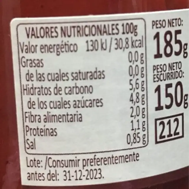 Pimientos del piquillo nutrition facts table