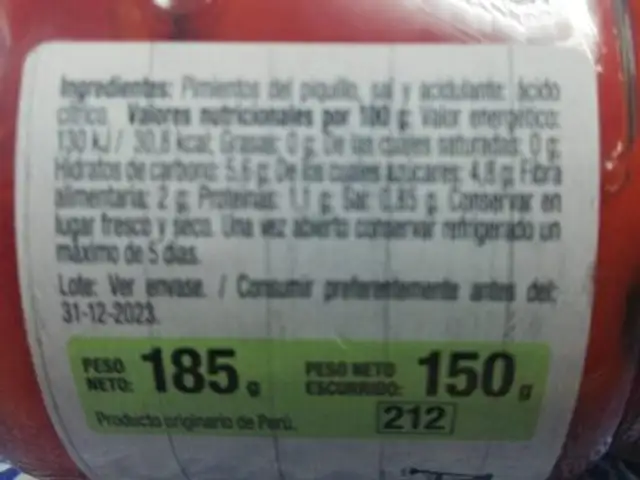 Pimientos del piquillo nutrition facts table