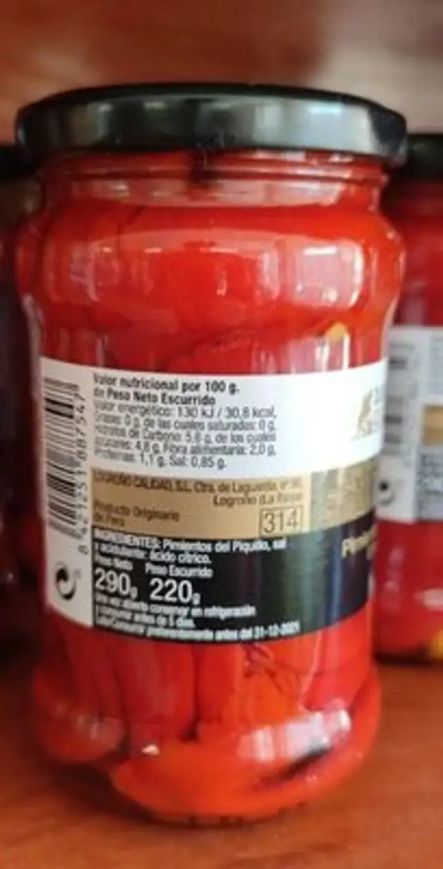 Pimientos del piquillo nutrition facts table