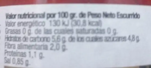 Pimientos del Piquillo extra nutrition facts table