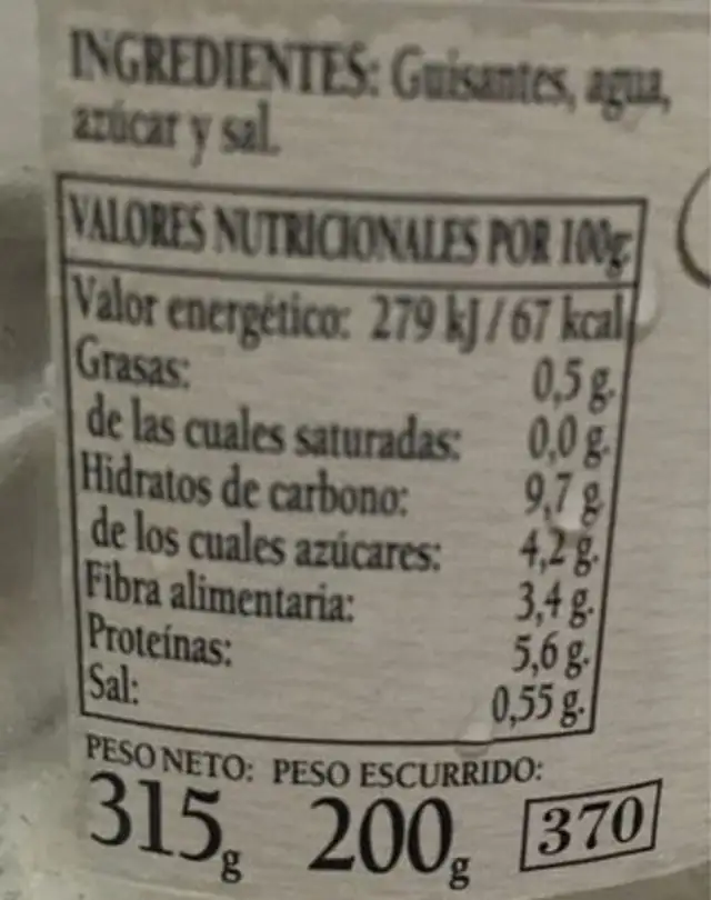 Guisantes nutrition facts table