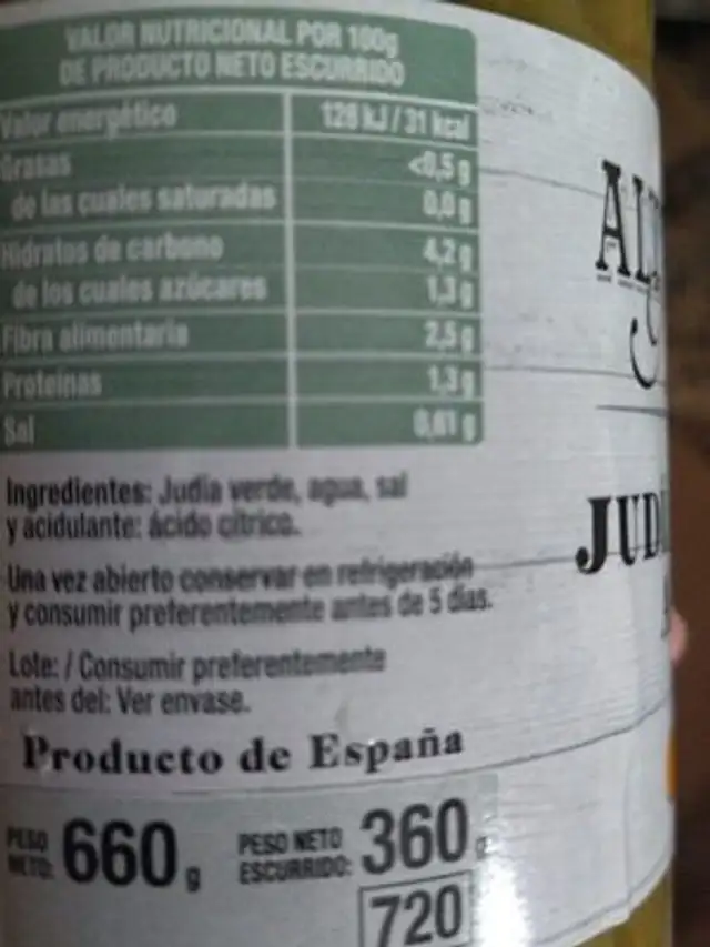 Judías verdes ingredients label