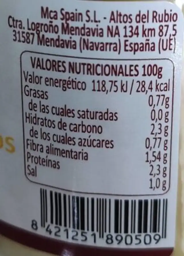 Puntas de Espárragos Extra gruesas nutrition facts table