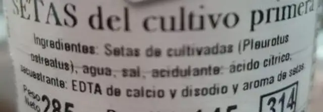 Setas de cultivo ingredients label