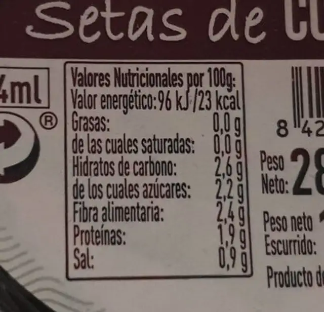 Setas de cultivo nutrition facts table