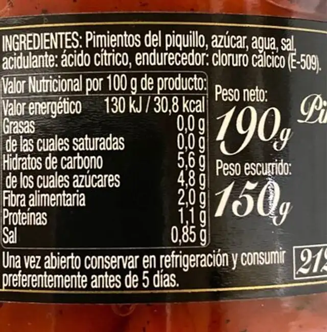 Pimientos del Piquillo nutrition facts table