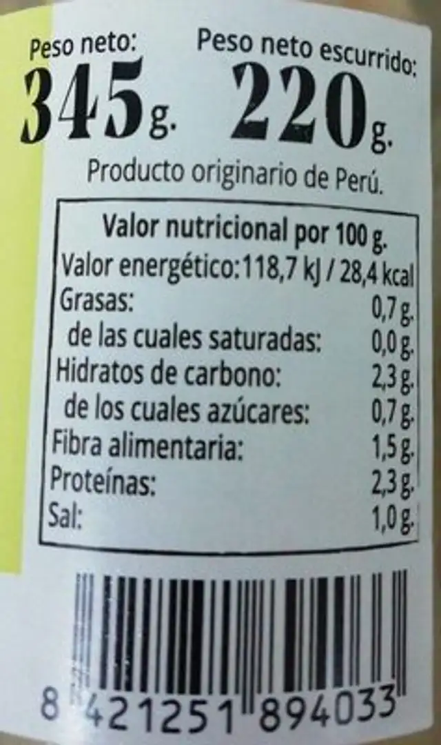 Espárragos blancos nutrition facts table