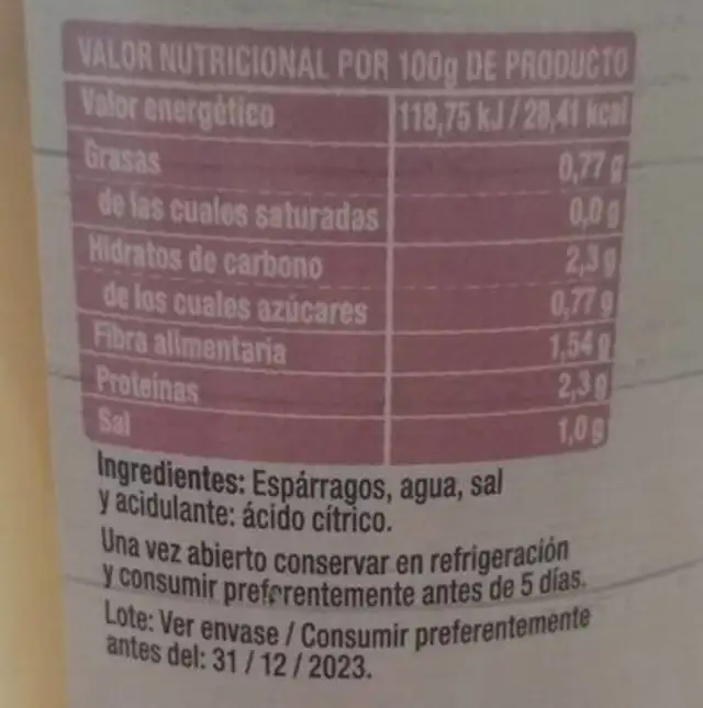 Esparragos Blancos nutrition facts table