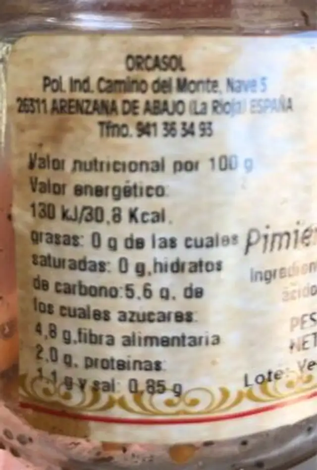 Pimientos del piquillo nutrition facts table