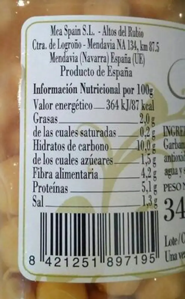 Garbanzo "Pedrosillano" nutrition facts table