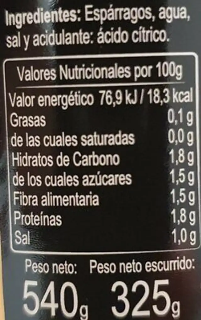 Espárragos extra de Navarra nutrition facts table