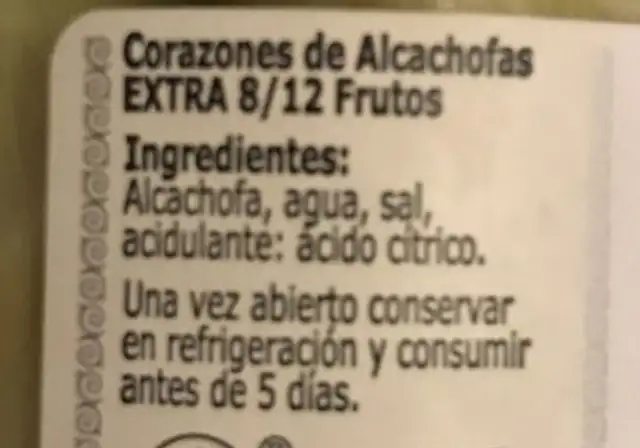 Alcachofas ingredients label