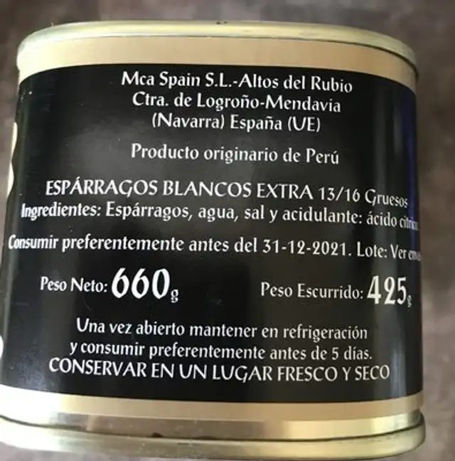 Asperge ingredients label