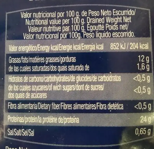 Atún en aceite de girasol nutrition facts table