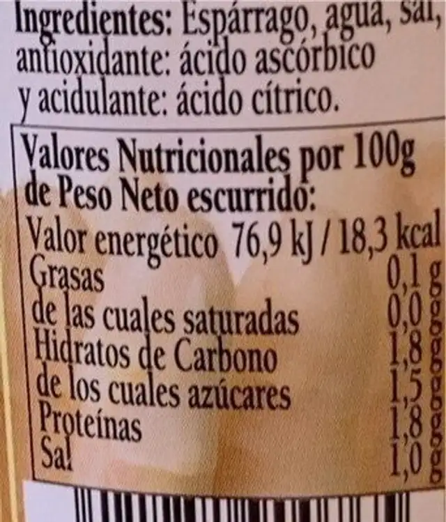 Llemas de espárrago blanco de Navarra Extra nutrition facts table