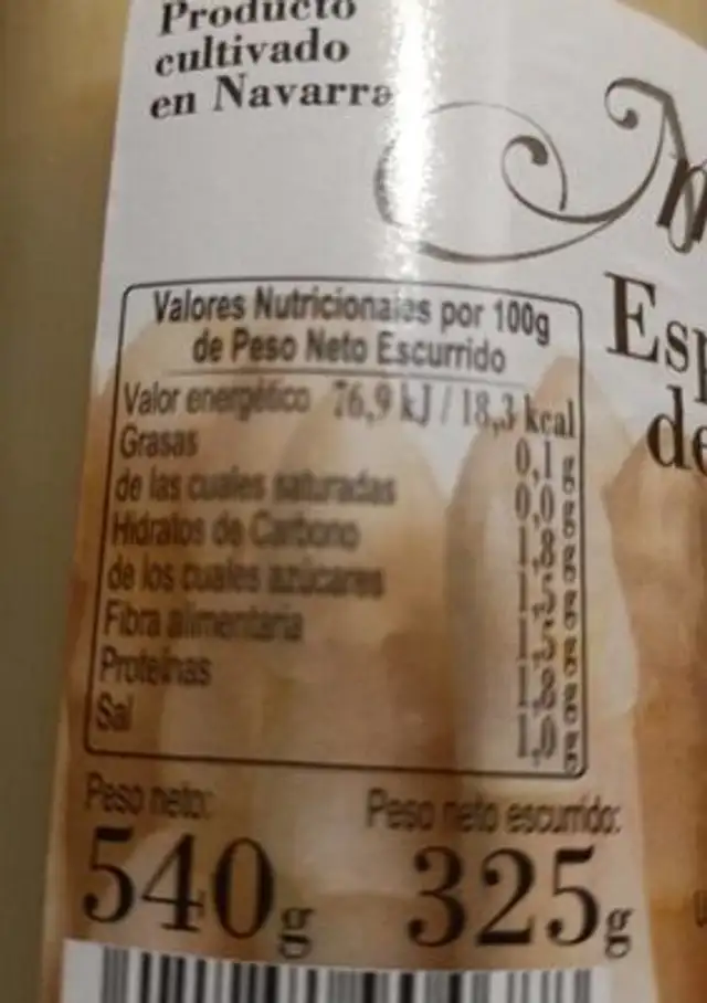 Espárragos Blancos de Navarra Extra nutrition facts table