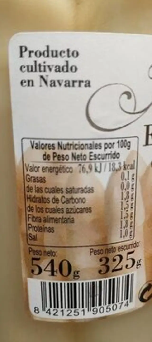 Espárragos Blancos de Navarra Extra nutrition facts table