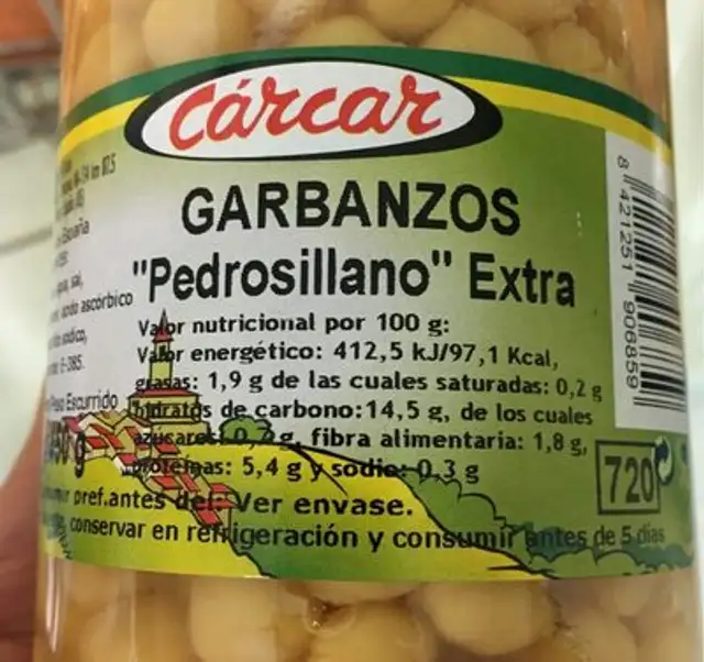 Garbanzos Pedrosillano Extra nutrition facts table