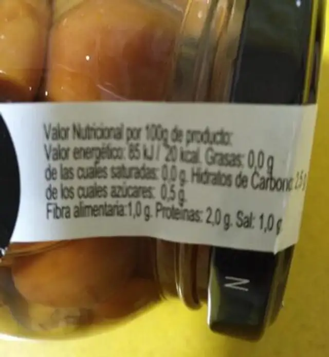 Setas Nameko nutrition facts table