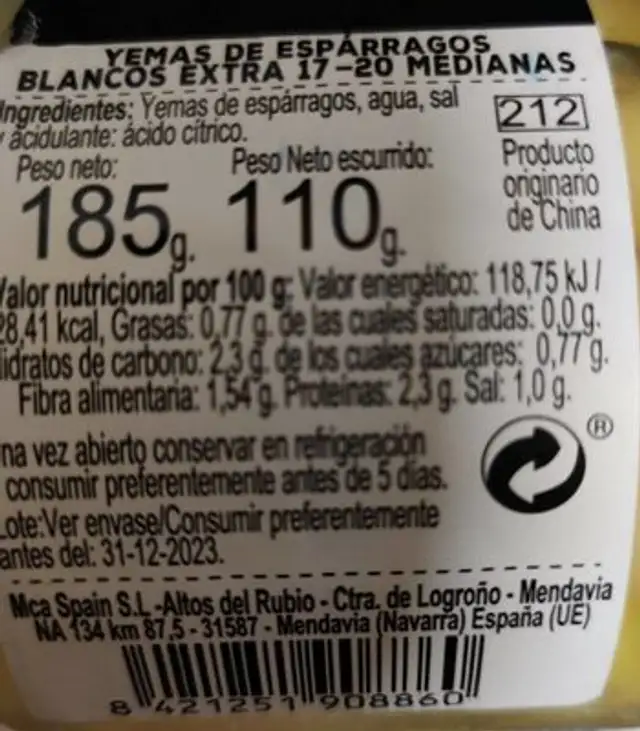 Yemas de Espárragos blancos nutrition facts table