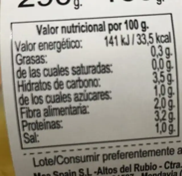 Alcachofas nutrition facts table
