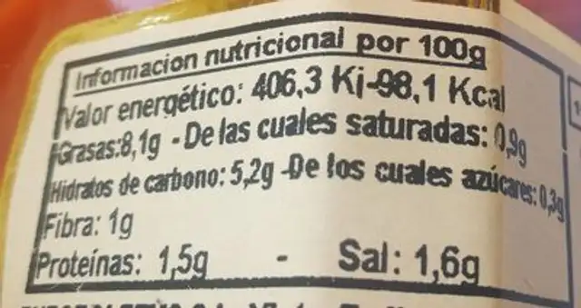 Crema pimiento piquillo nutrition facts table