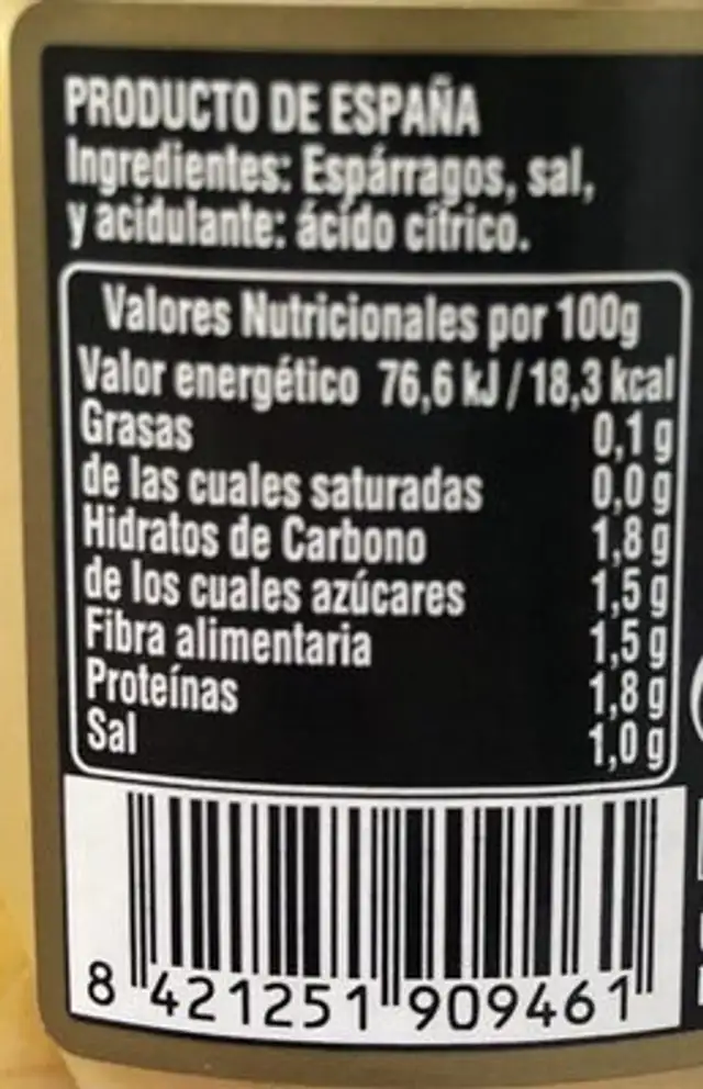 Yemas de Espárragos nutrition facts table