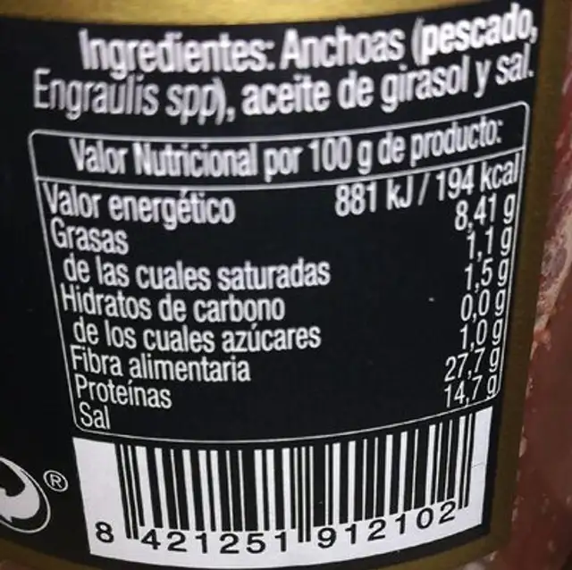 Filetes de anchoas nutrition facts table