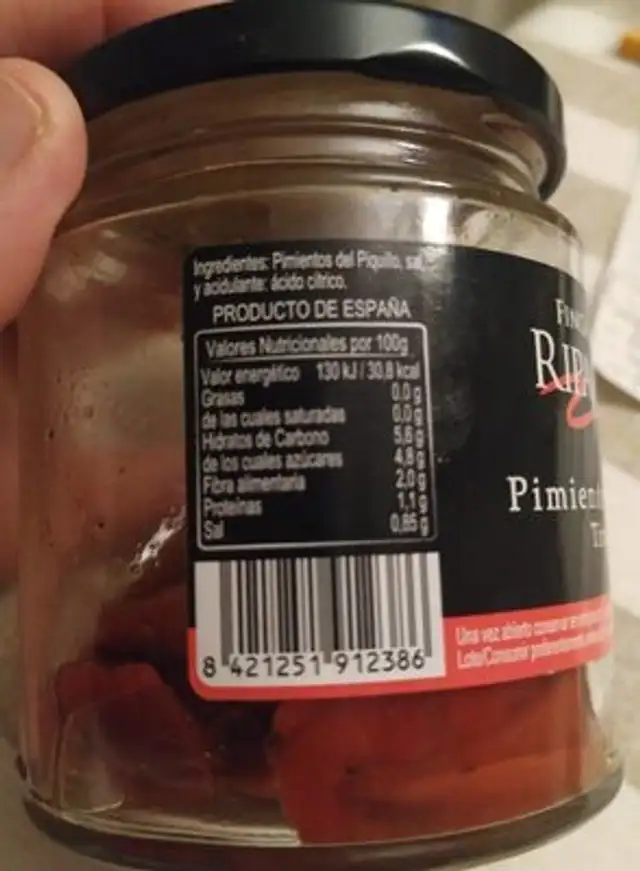 Pimientos del Piquillo (tiras) nutrition facts table